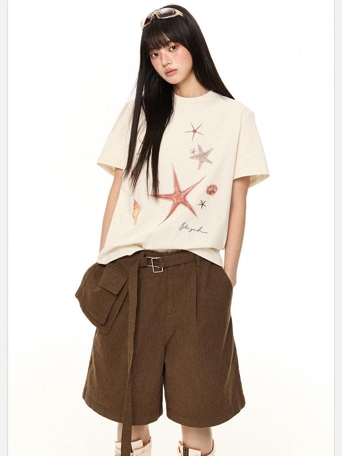 EZEK Starfish Print Loose Crewneck Women's Cotton Blend Short Sleeve T-shirts
