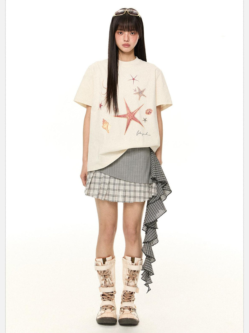EZEK Starfish Print Loose Crewneck Women's Cotton Blend Short Sleeve T-shirts