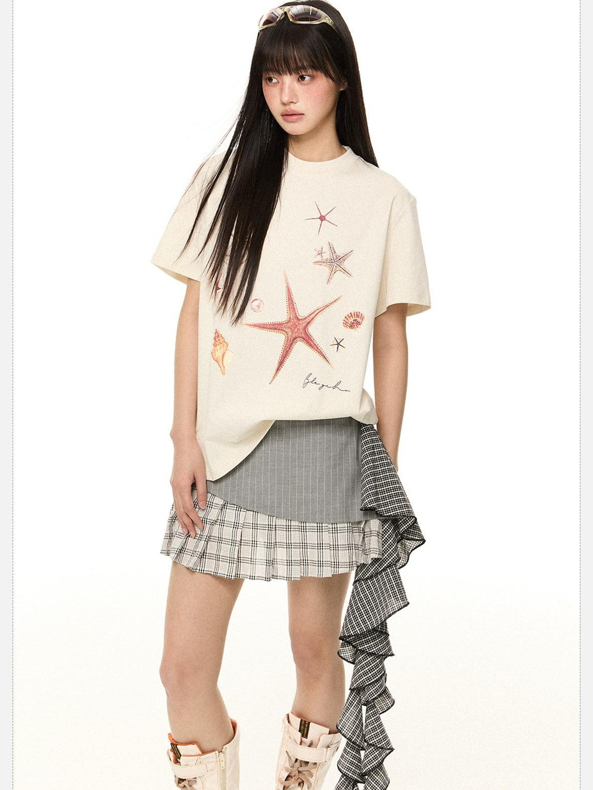 EZEK Starfish Print Loose Crewneck Women's Cotton Blend Short Sleeve T-shirts