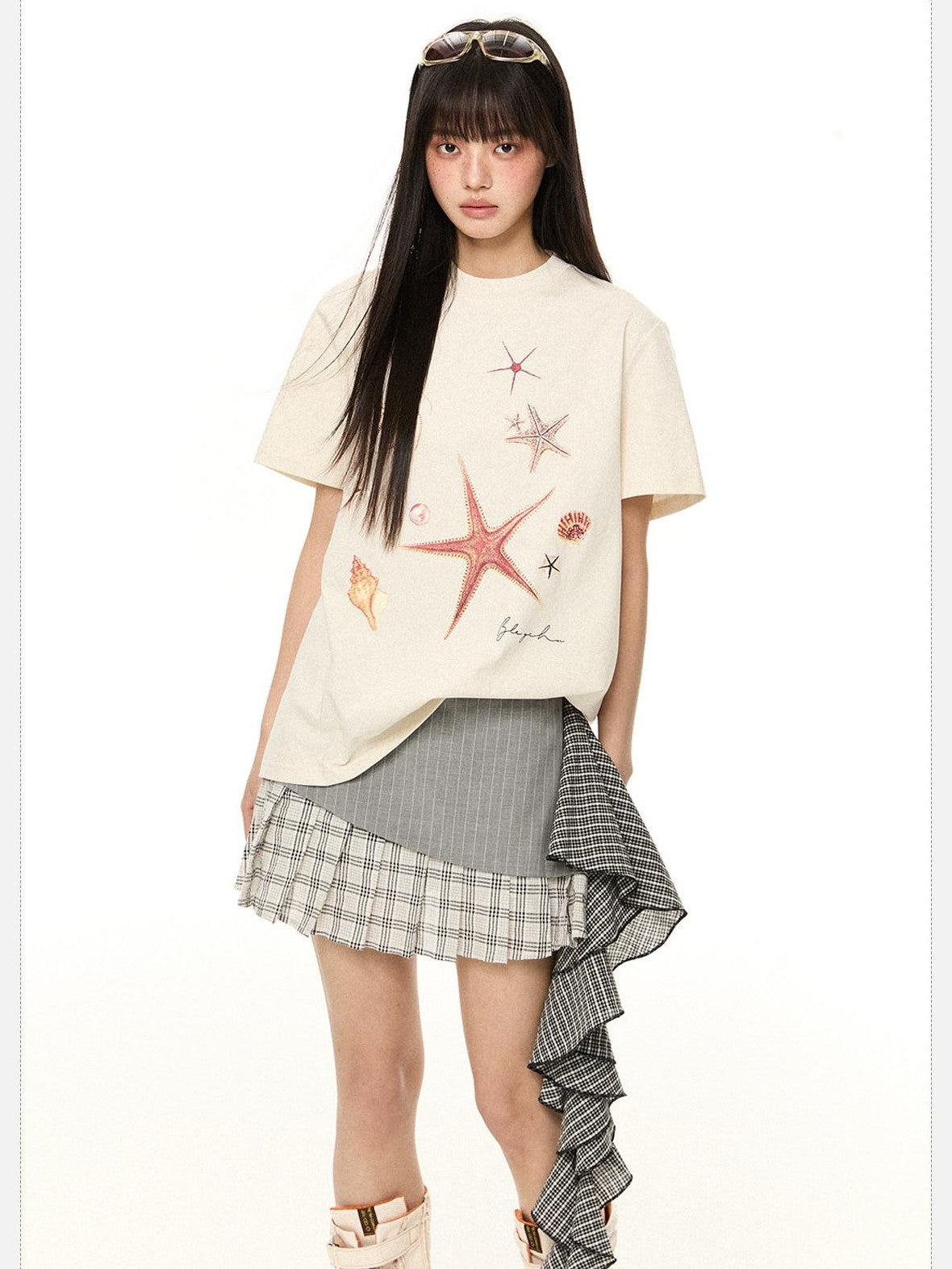 EZEK Starfish Print Loose Crewneck Women's Cotton Blend Short Sleeve T-shirts
