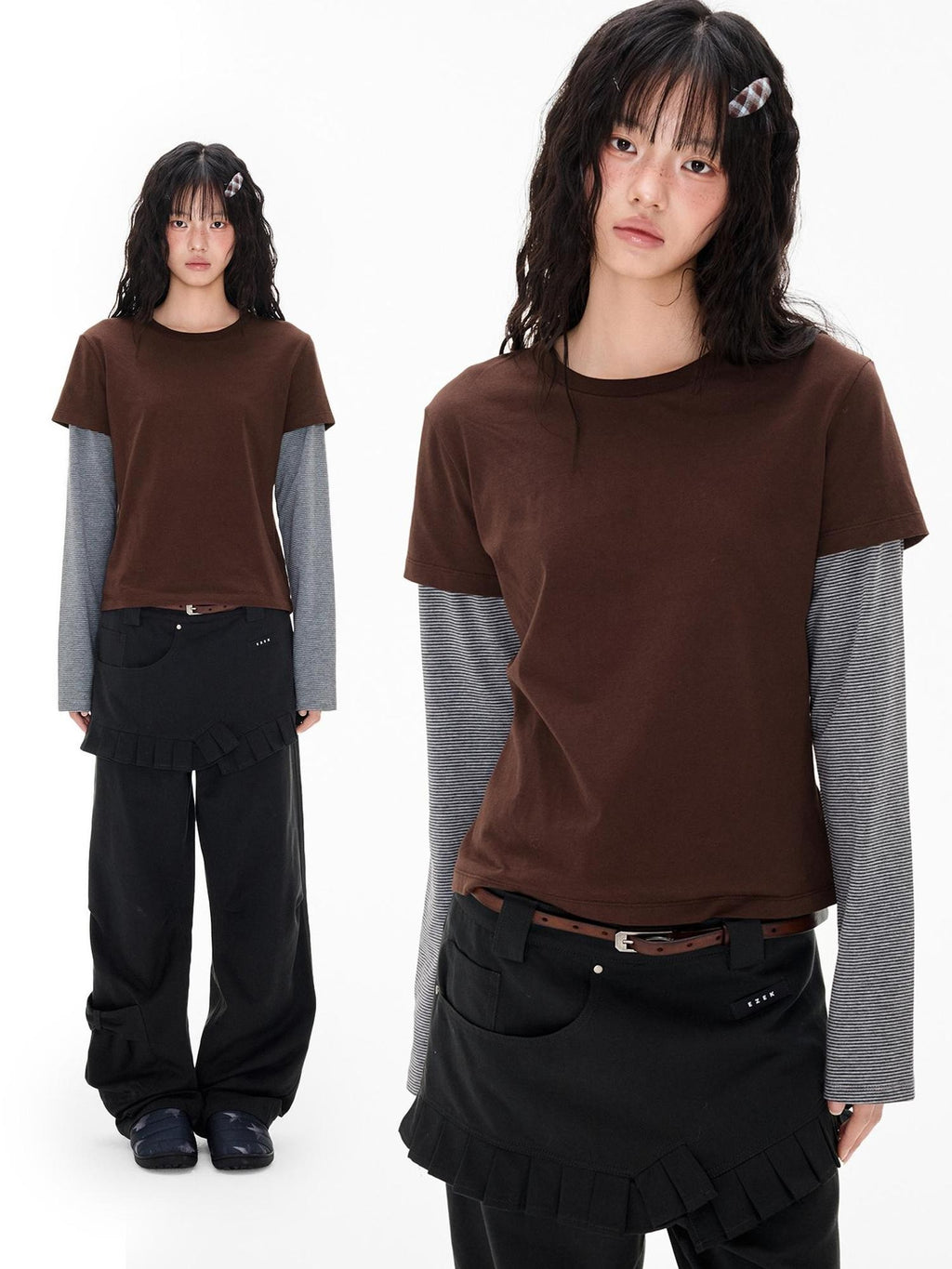 Stripe Patchwork Faux Layered Slim Fit Women's Cotton Long Sleeve T-shirts