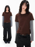 Stripe Patchwork Faux Layered Slim Fit Women's Cotton Long Sleeve T-shirts
