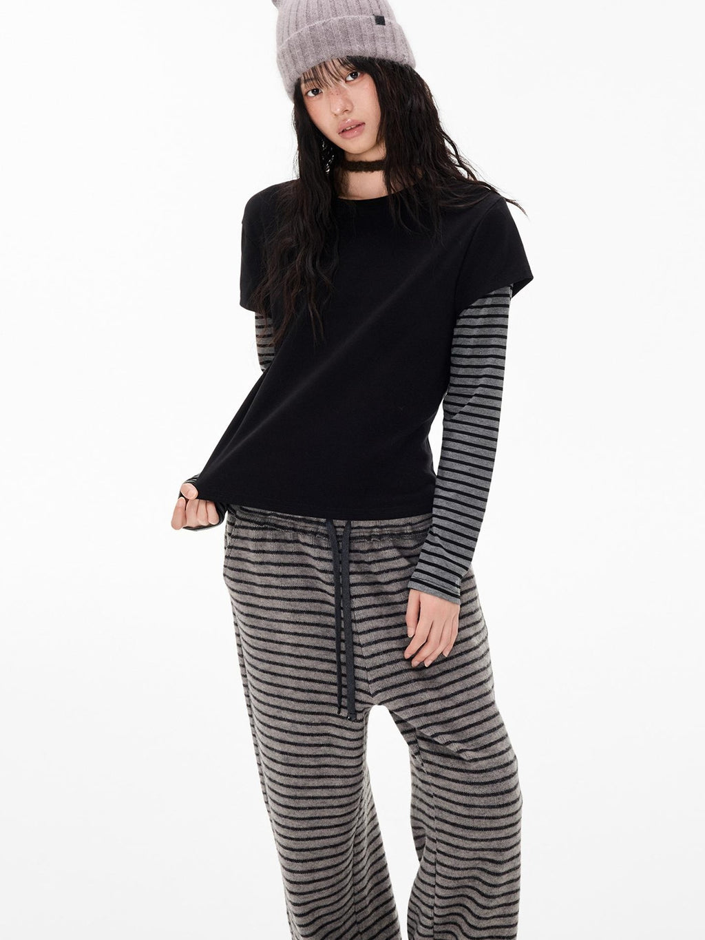 Stripe Patchwork Faux Layered Slim Fit Women's Cotton Long Sleeve T-shirts