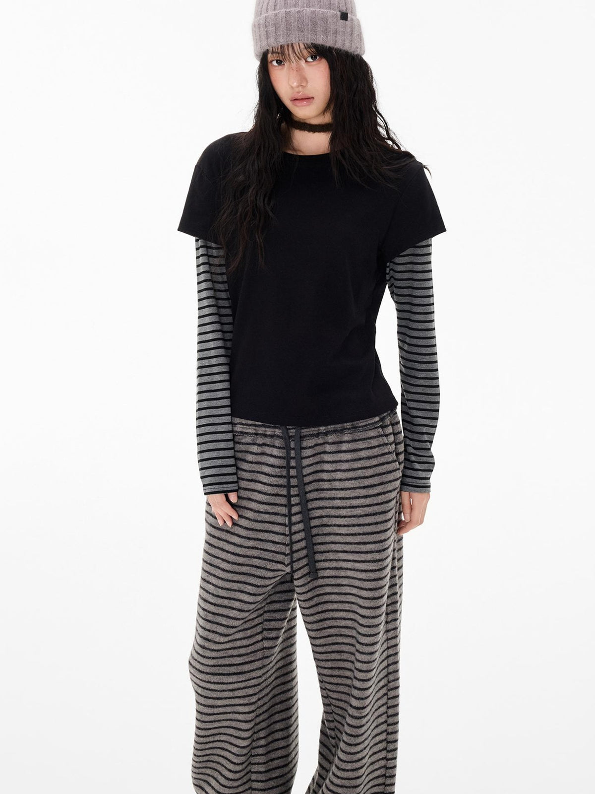 Stripe Patchwork Faux Layered Slim Fit Women's Cotton Long Sleeve T-shirts