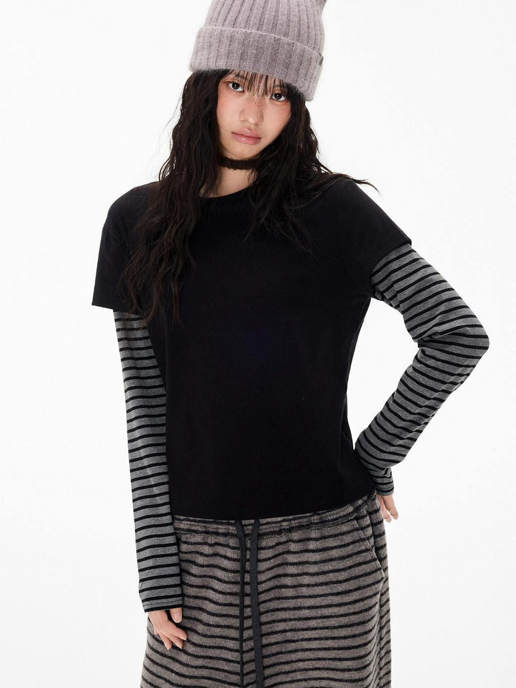 Stripe Patchwork Faux Layered Slim Fit Women's Cotton Long Sleeve T-shirts