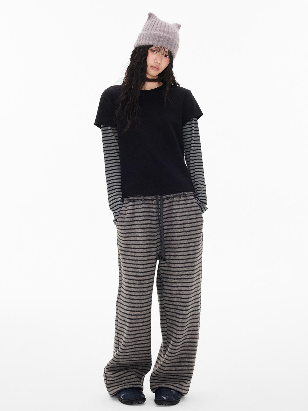 Stripe Patchwork Faux Layered Slim Fit Women's Cotton Long Sleeve T-shirts