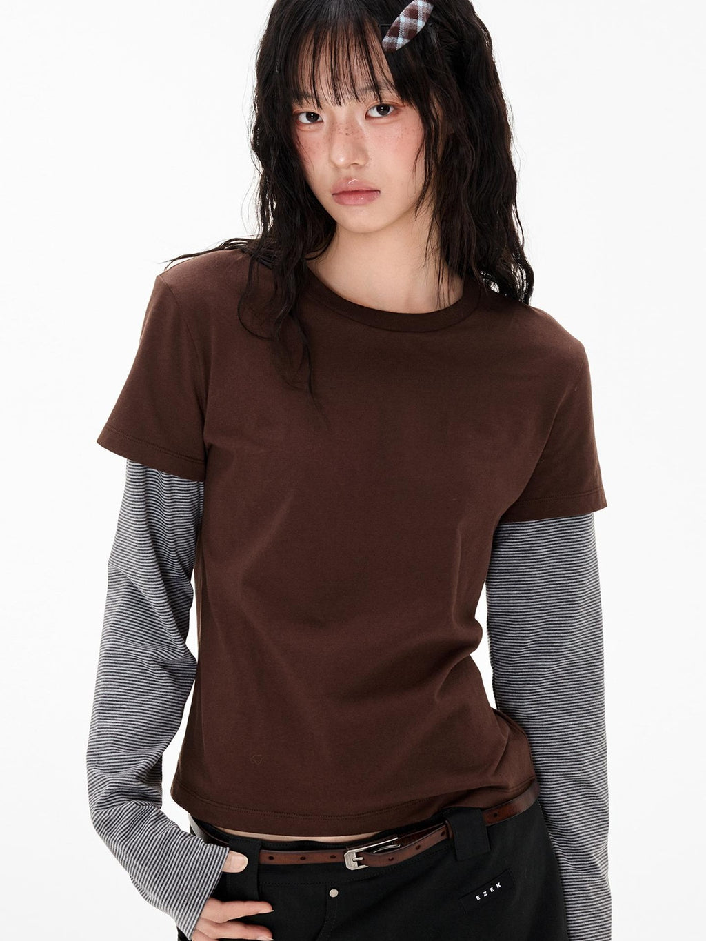 Stripe Patchwork Faux Layered Slim Fit Women's Cotton Long Sleeve T-shirts