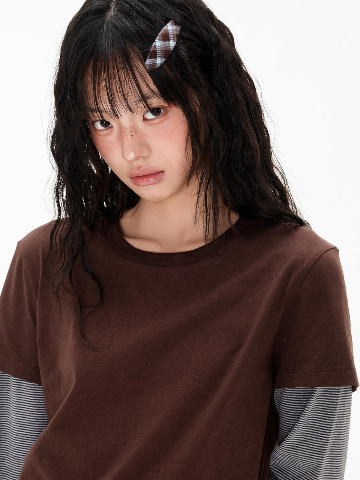 Stripe Patchwork Faux Layered Slim Fit Women's Cotton Long Sleeve T-shirts