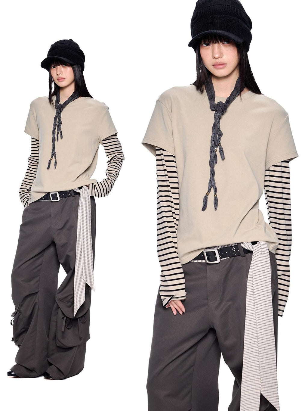 Stripe Patchwork Faux Layered Slim Fit Women's Cotton Long Sleeve T-shirts