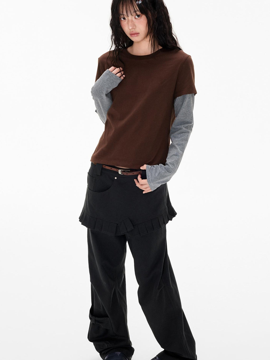 Stripe Patchwork Faux Layered Slim Fit Women's Cotton Long Sleeve T-shirts