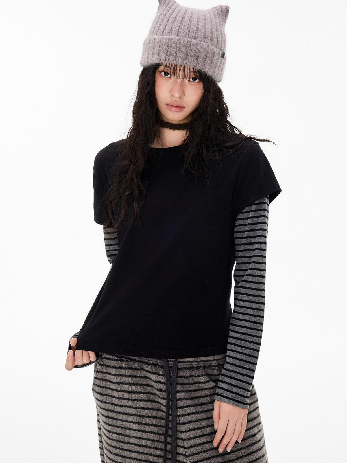 Stripe Patchwork Faux Layered Slim Fit Women's Cotton Long Sleeve T-shirts