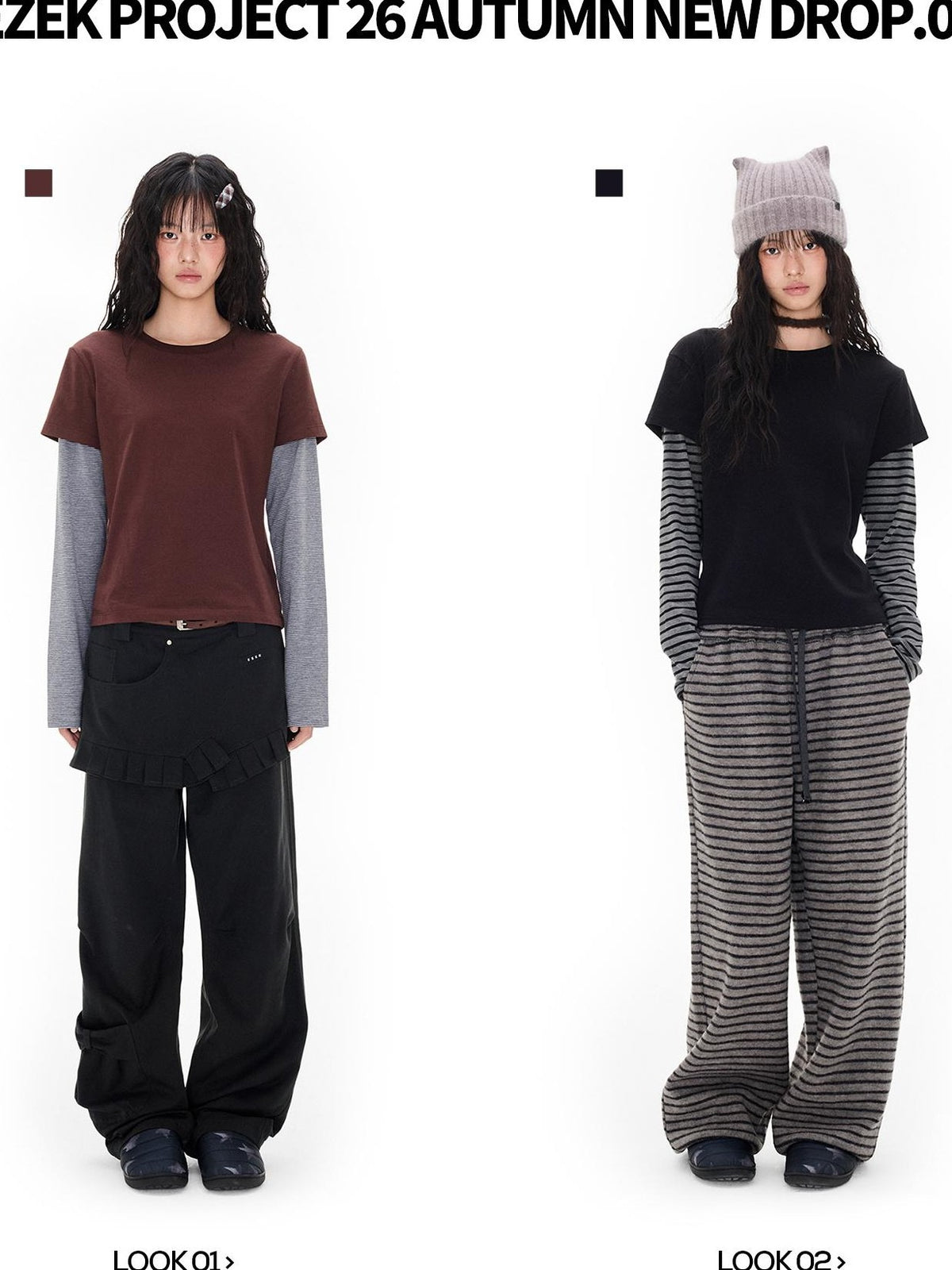Stripe Patchwork Faux Layered Slim Fit Women's Cotton Long Sleeve T-shirts
