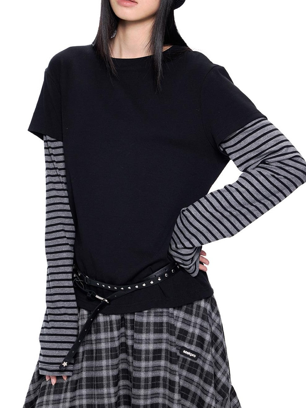 Stripe Patchwork Faux Layered Slim Fit Women's Cotton Long Sleeve T-shirts