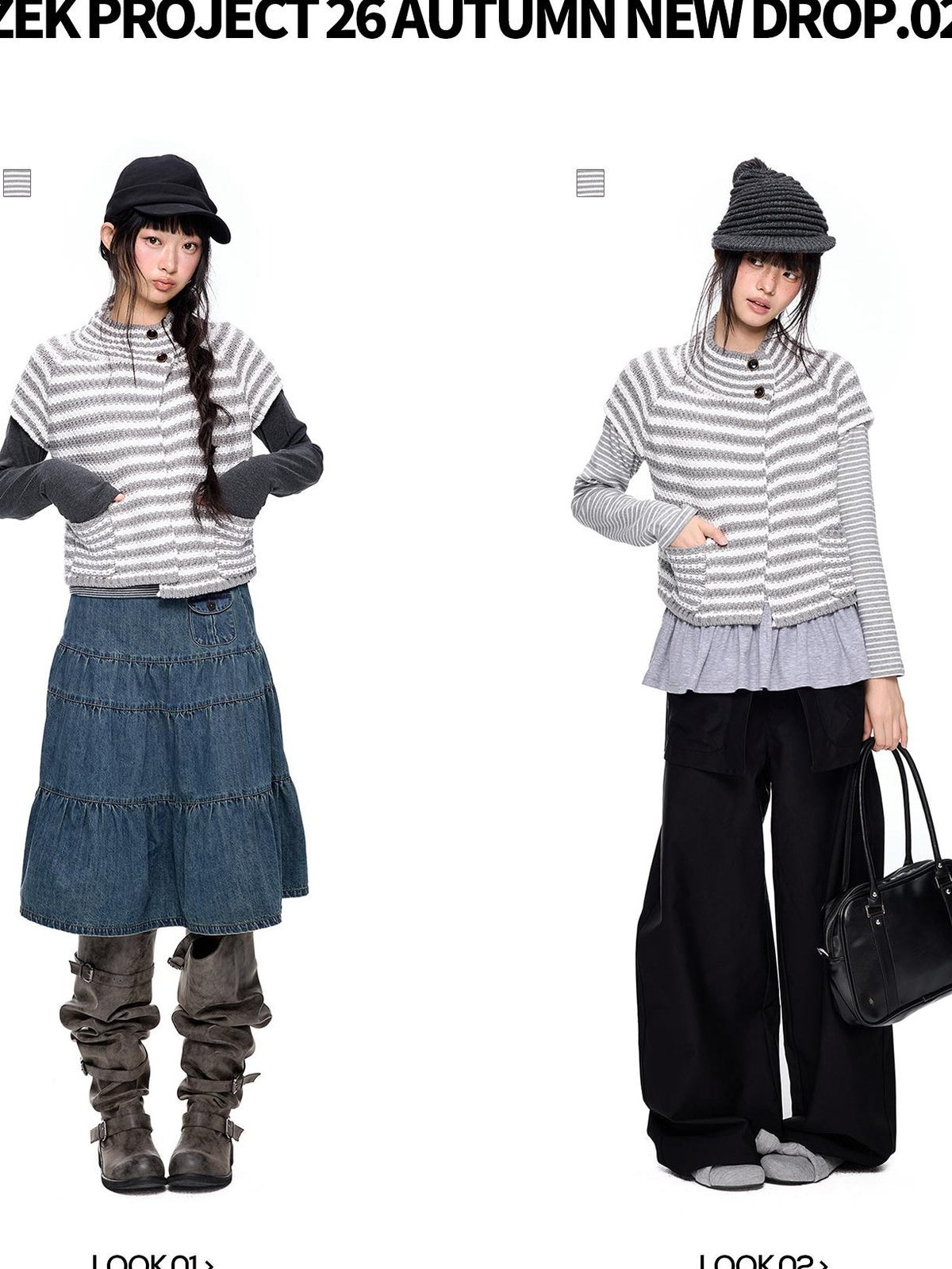 EZEK Striped Color Block Button Knit Women's Cropped Cardigans