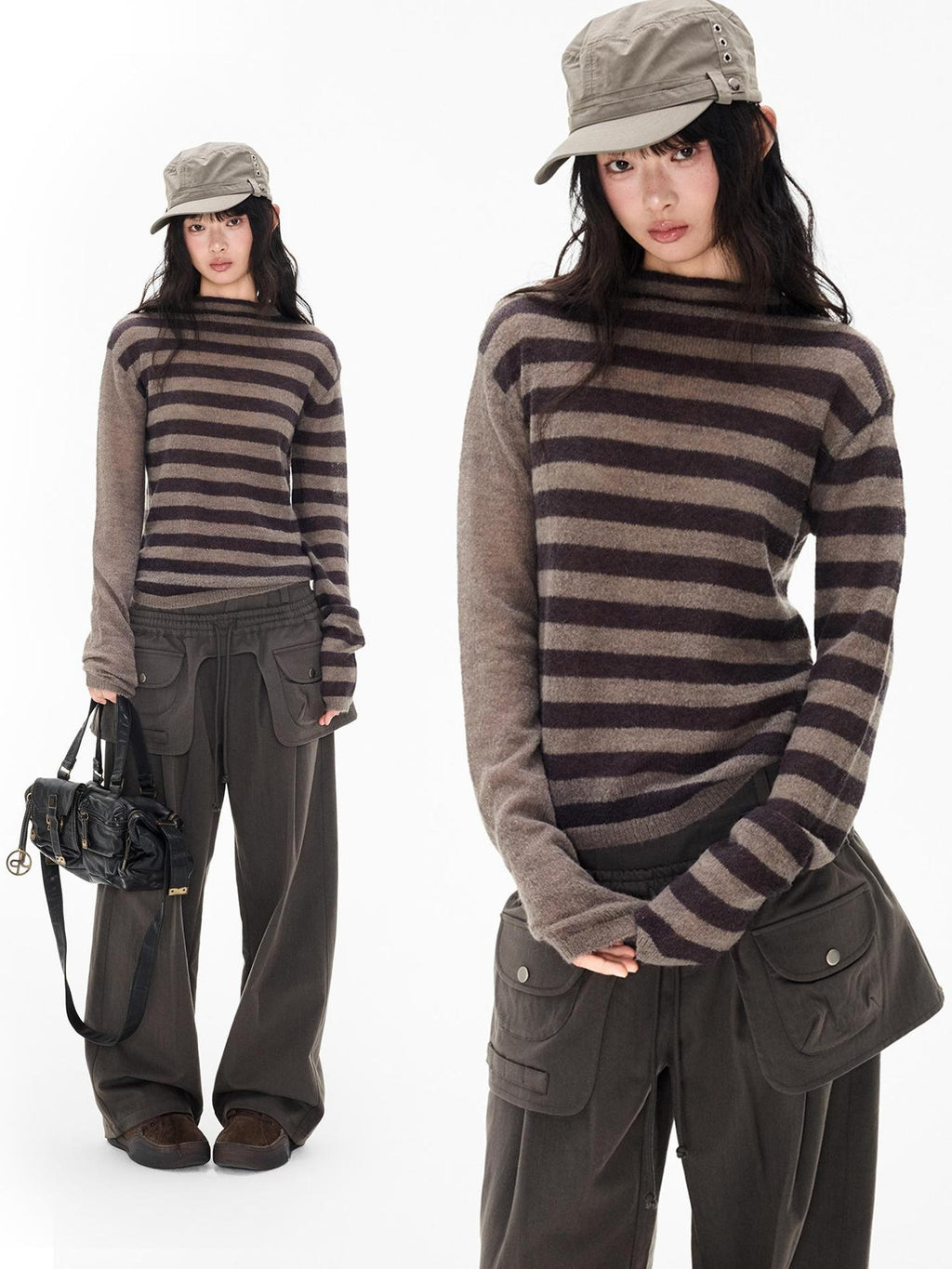 EZEK Striped Color Block Button Loose Wool Blend Women's Turtleneck Sweaters