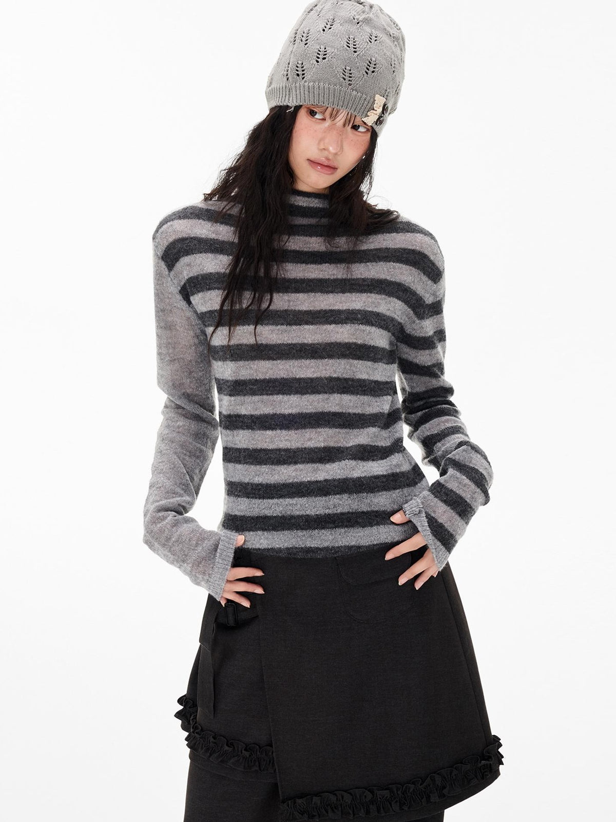 EZEK Striped Color Block Button Loose Wool Blend Women's Turtleneck Sweaters
