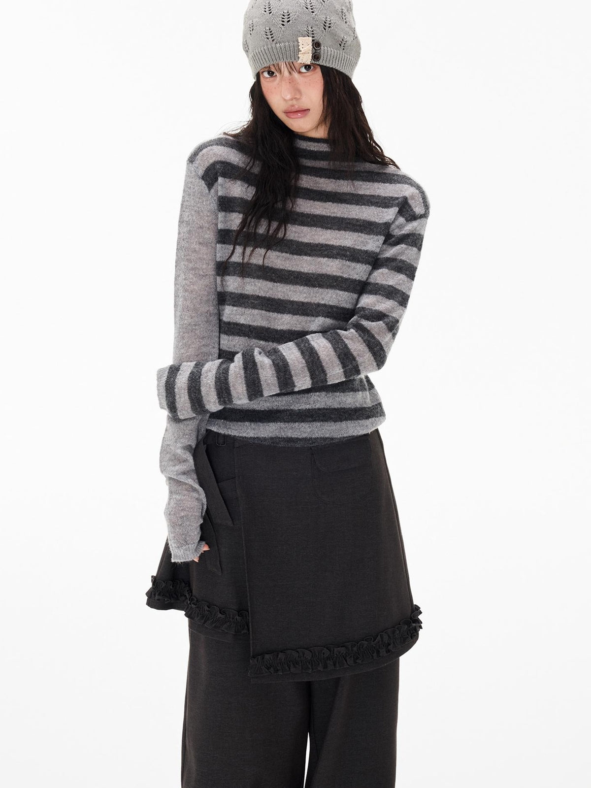 EZEK Striped Color Block Button Loose Wool Blend Women's Turtleneck Sweaters