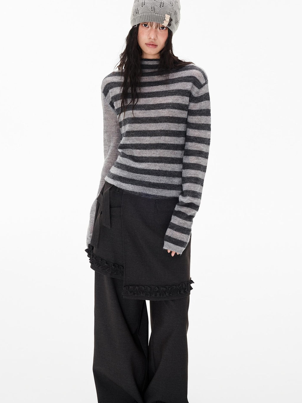 EZEK Striped Color Block Button Loose Wool Blend Women's Turtleneck Sweaters