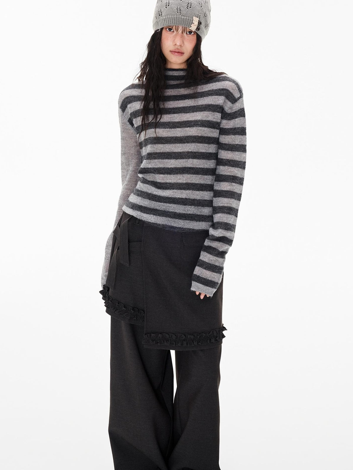 EZEK Striped Color Block Button Loose Wool Blend Women's Turtleneck Sweaters