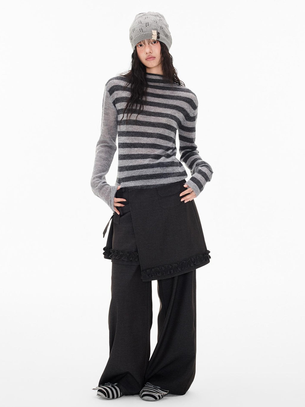 EZEK Striped Color Block Button Loose Wool Blend Women's Turtleneck Sweaters