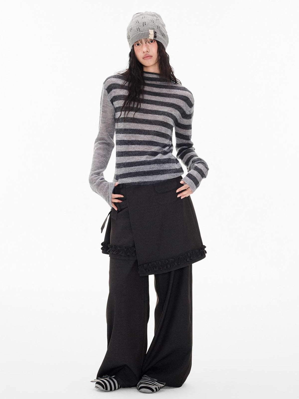 EZEK Striped Color Block Button Loose Wool Blend Women's Turtleneck Sweaters