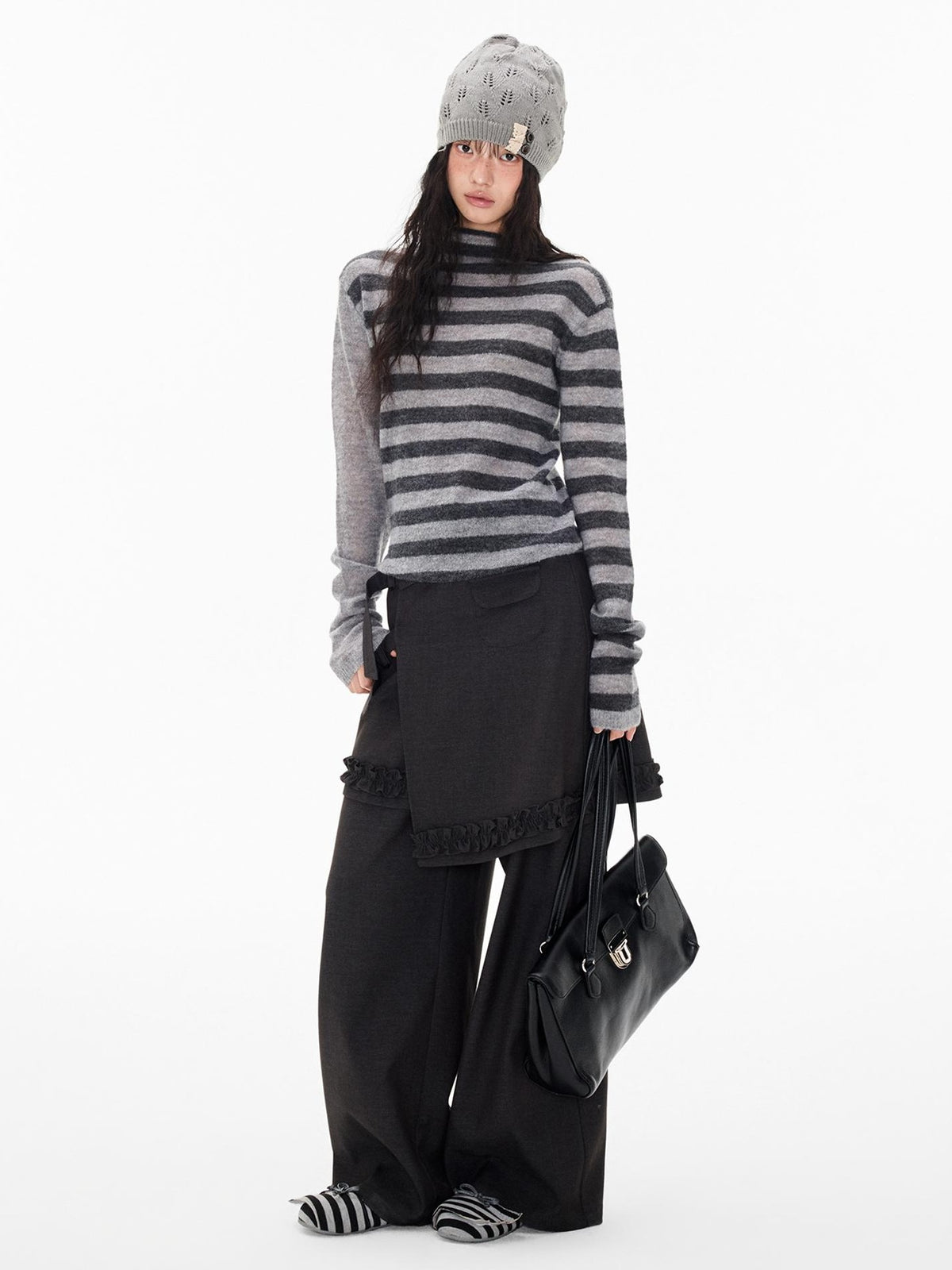 EZEK Striped Color Block Button Loose Wool Blend Women's Turtleneck Sweaters