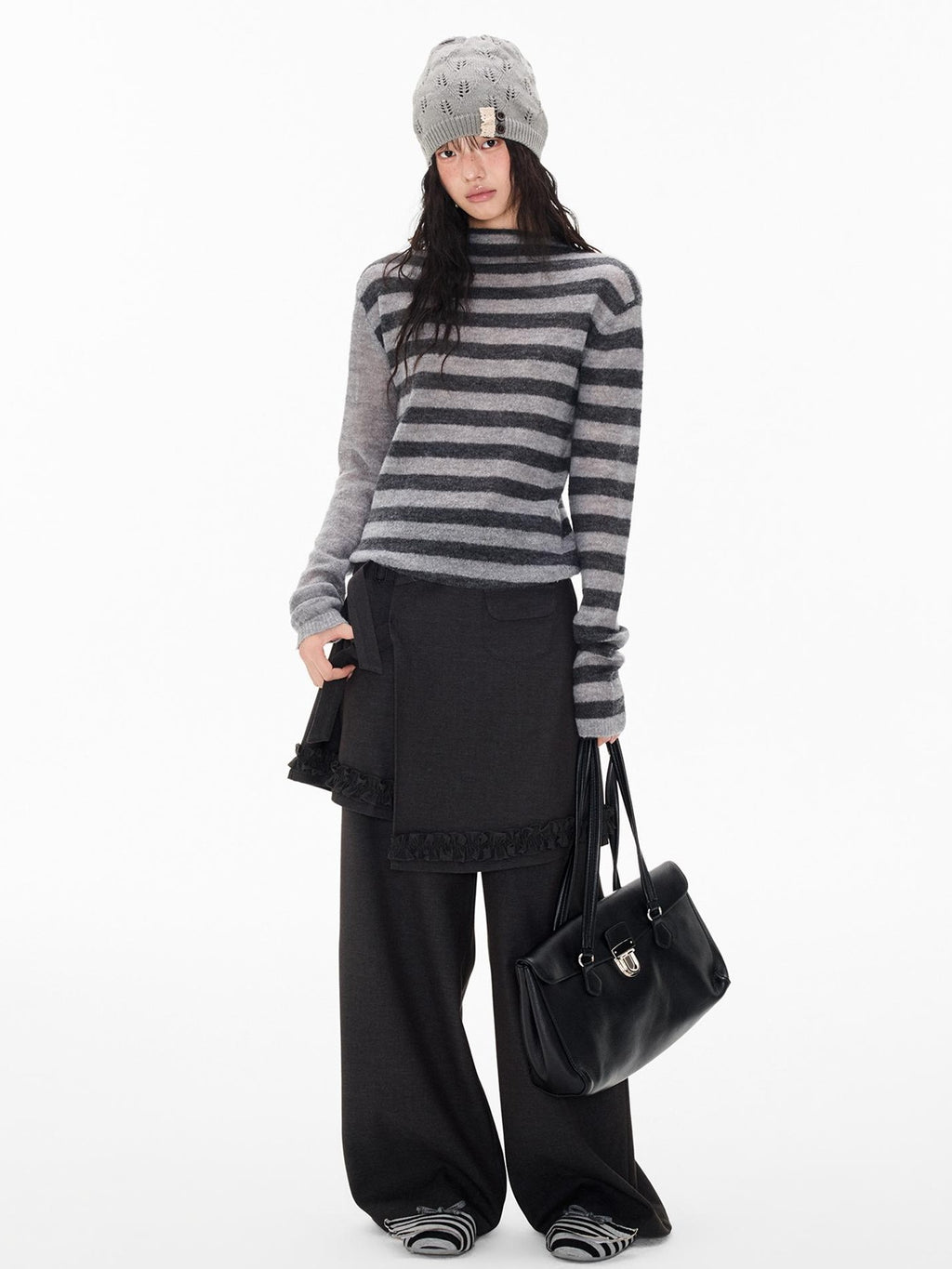 EZEK Striped Color Block Button Loose Wool Blend Women's Turtleneck Sweaters