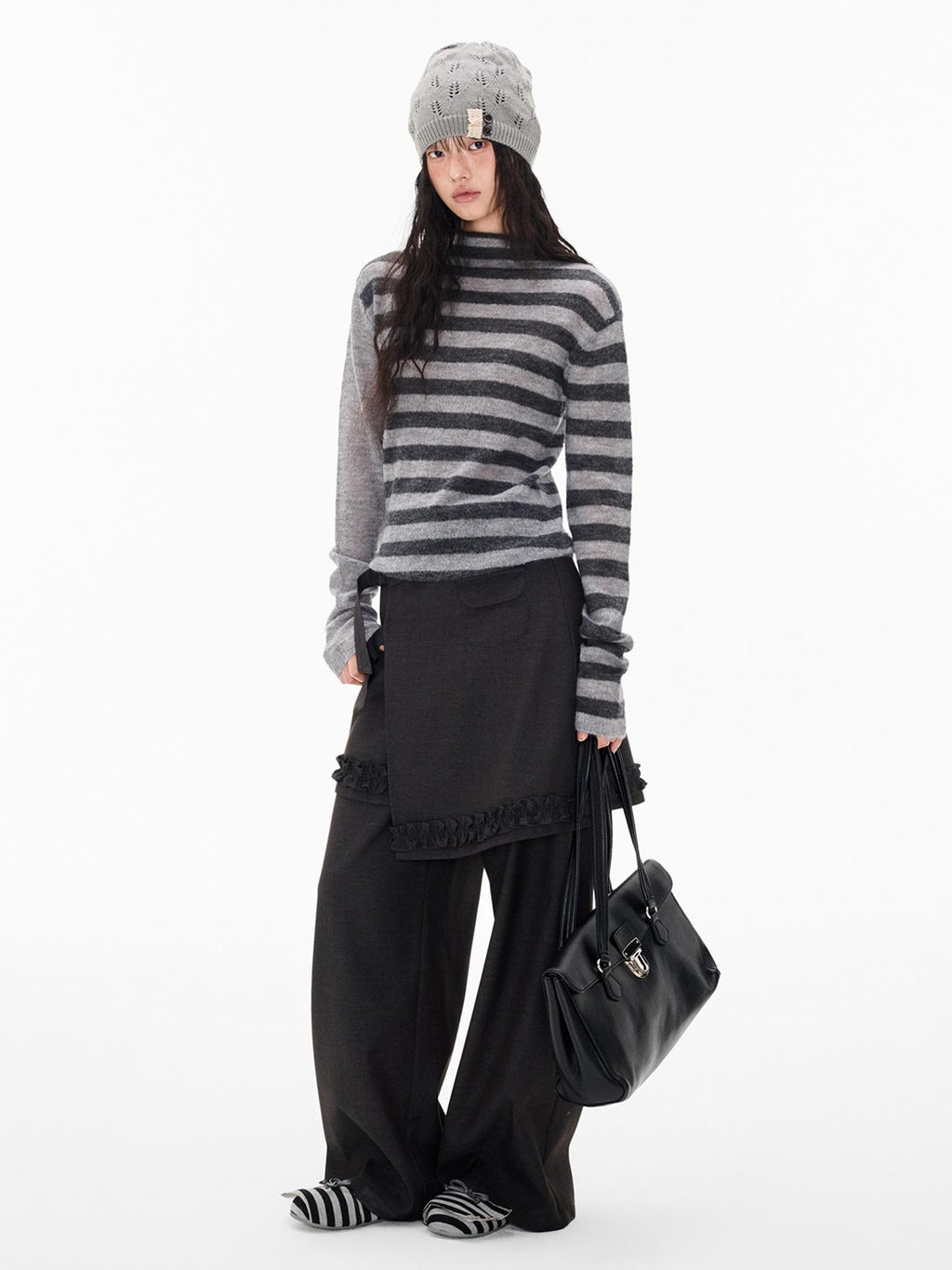 EZEK Striped Color Block Button Loose Wool Blend Women's Turtleneck Sweaters
