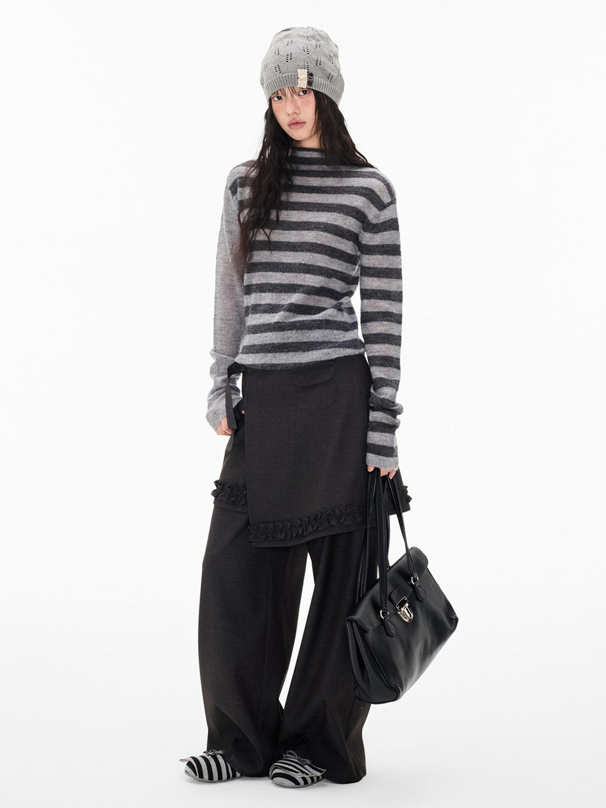 EZEK Striped Color Block Button Loose Wool Blend Women's Turtleneck Sweaters
