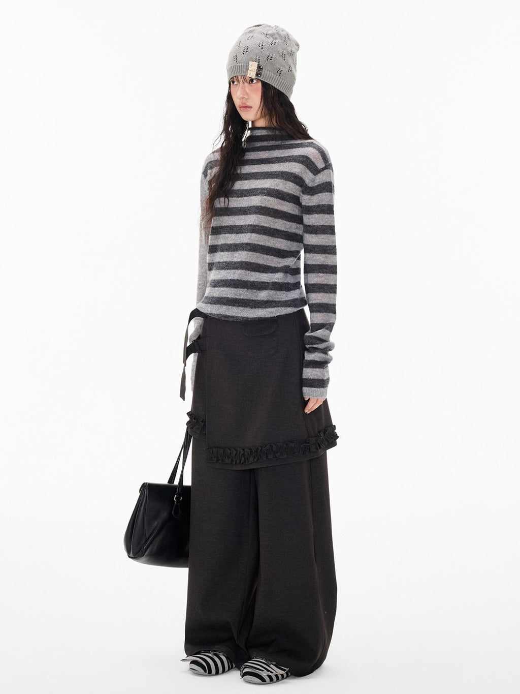 EZEK Striped Color Block Button Loose Wool Blend Women's Turtleneck Sweaters