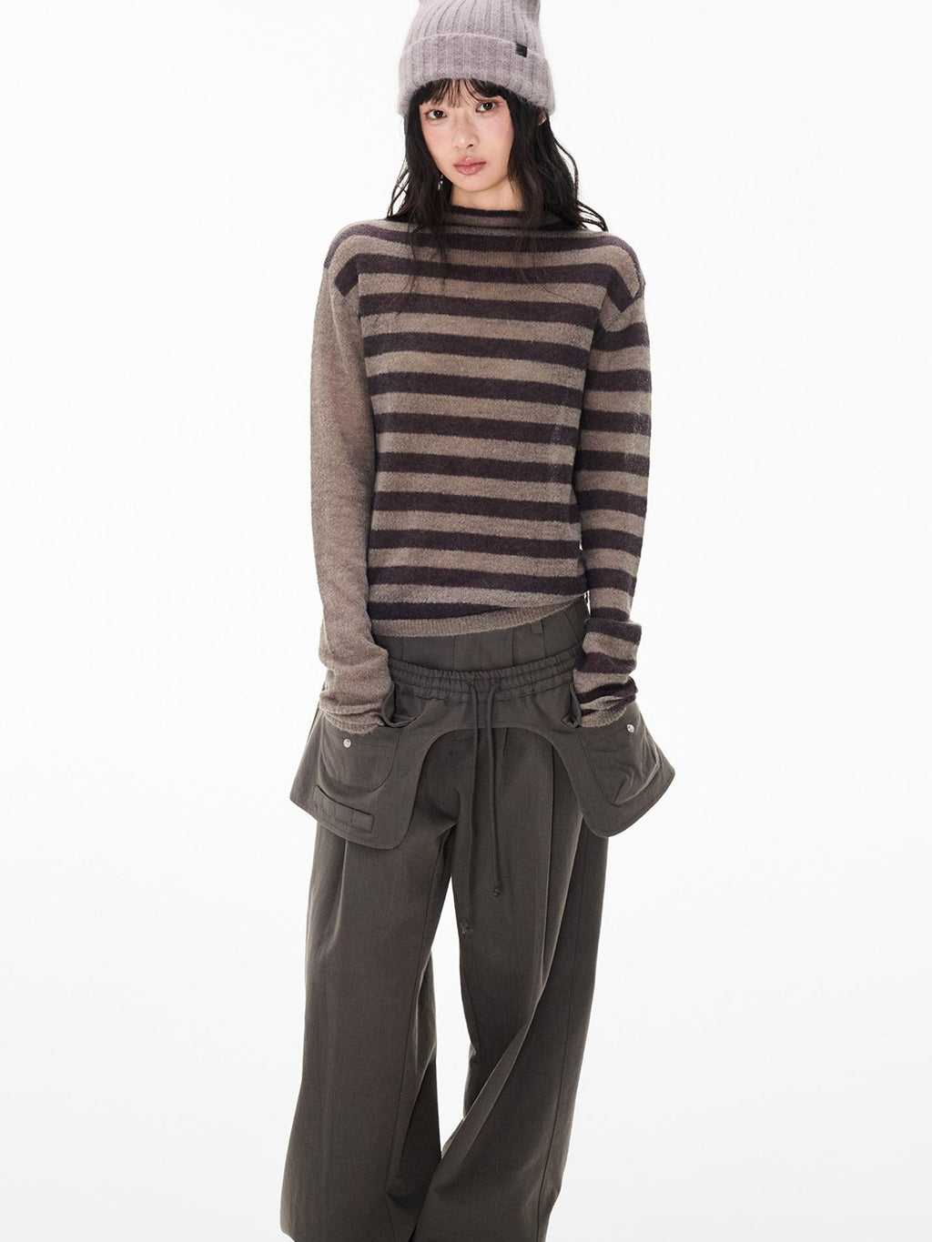 EZEK Striped Color Block Button Loose Wool Blend Women's Turtleneck Sweaters