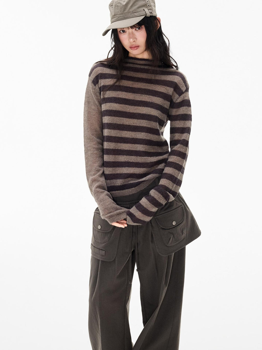 EZEK Striped Color Block Button Loose Wool Blend Women's Turtleneck Sweaters