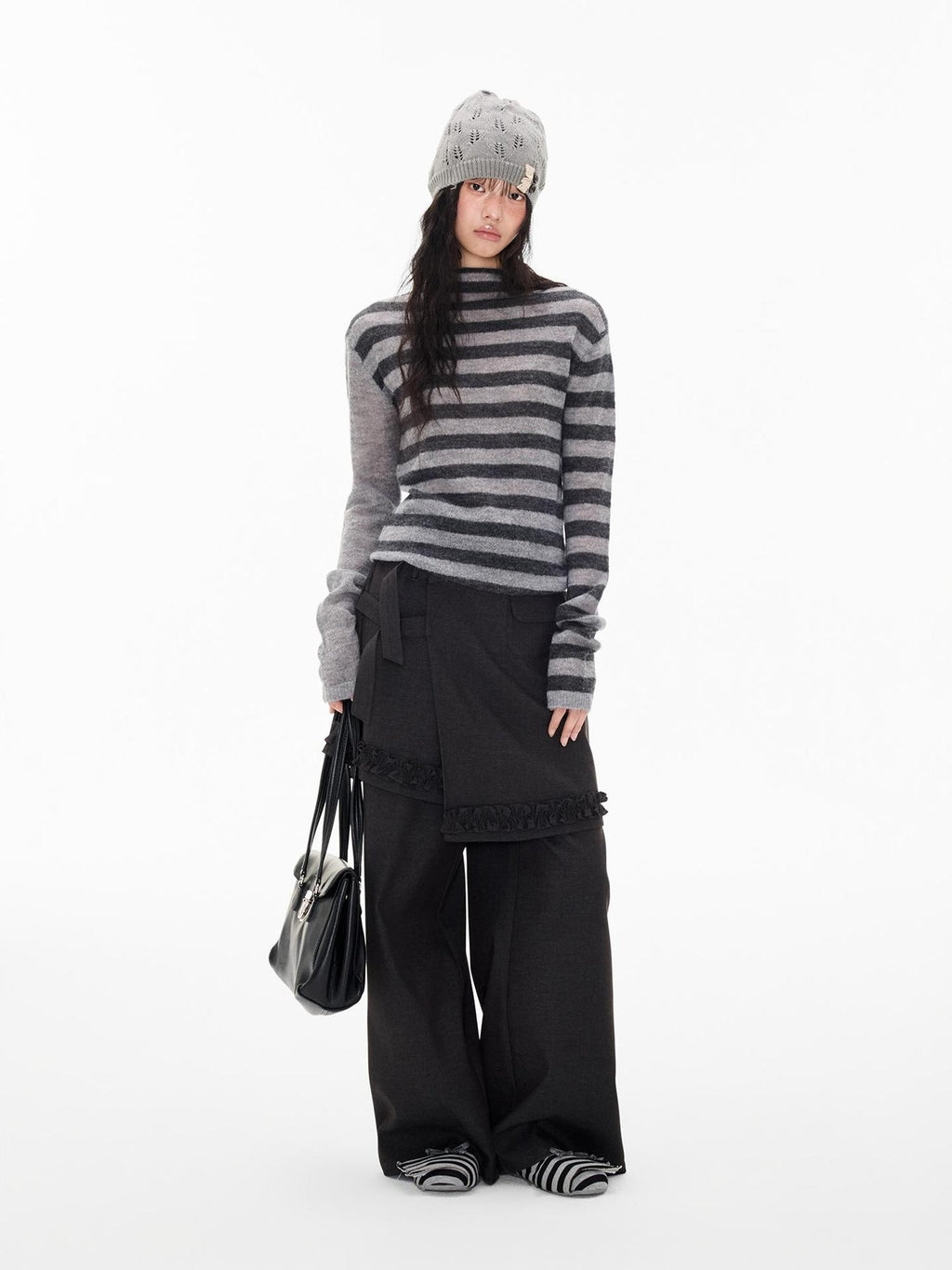 EZEK Striped Color Block Button Loose Wool Blend Women's Turtleneck Sweaters