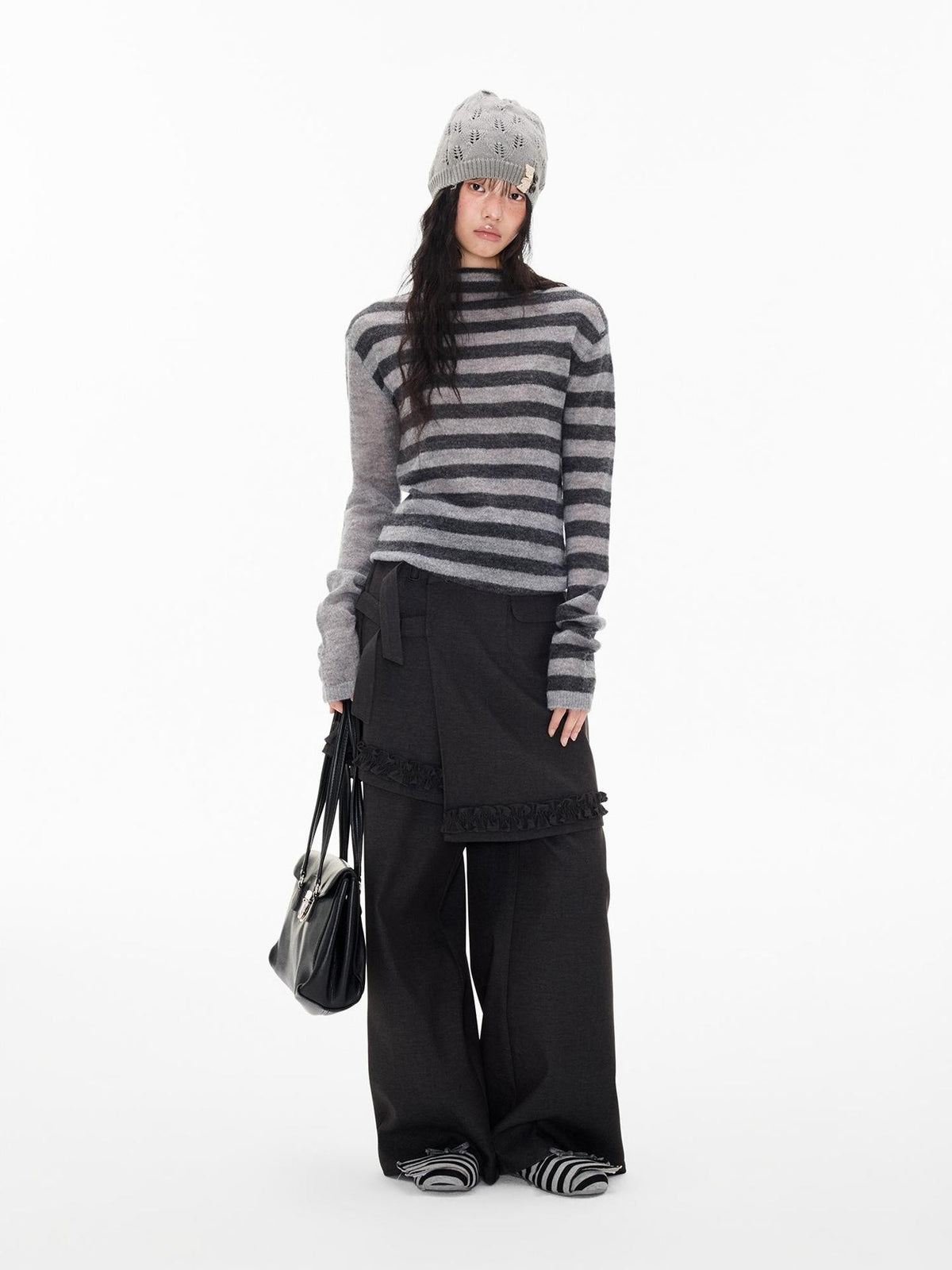 EZEK Striped Color Block Button Loose Wool Blend Women's Turtleneck Sweaters