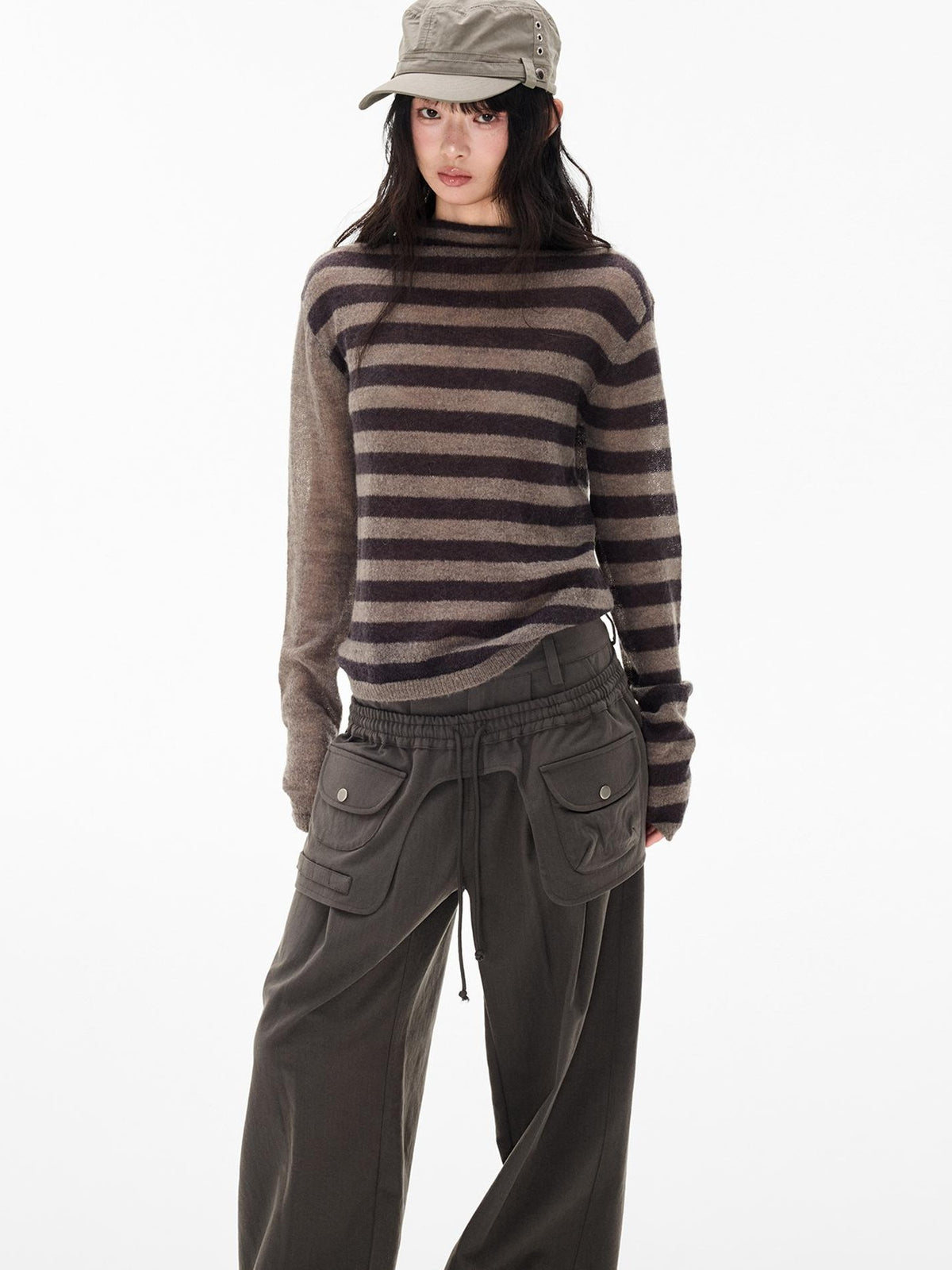 EZEK Striped Color Block Button Loose Wool Blend Women's Turtleneck Sweaters