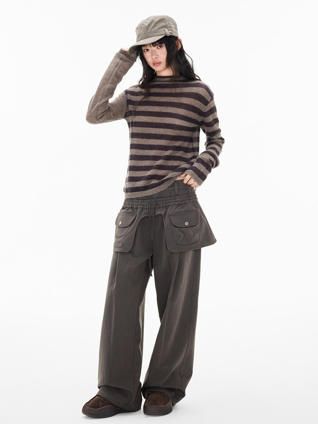 EZEK Striped Color Block Button Loose Wool Blend Women's Turtleneck Sweaters