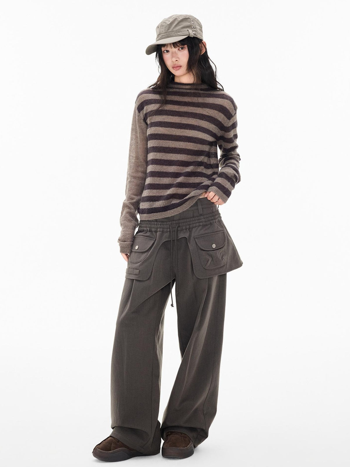 EZEK Striped Color Block Button Loose Wool Blend Women's Turtleneck Sweaters