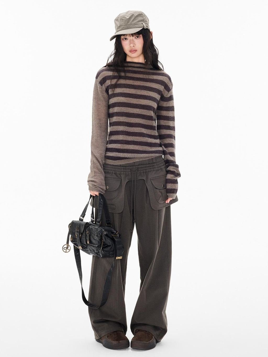 EZEK Striped Color Block Button Loose Wool Blend Women's Turtleneck Sweaters