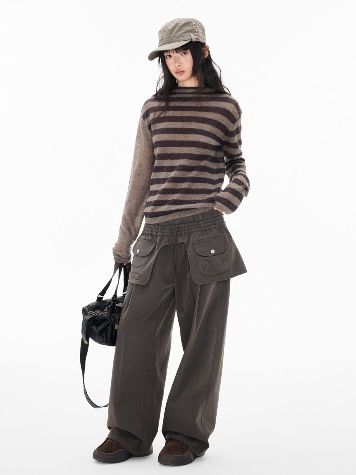 EZEK Striped Color Block Button Loose Wool Blend Women's Turtleneck Sweaters