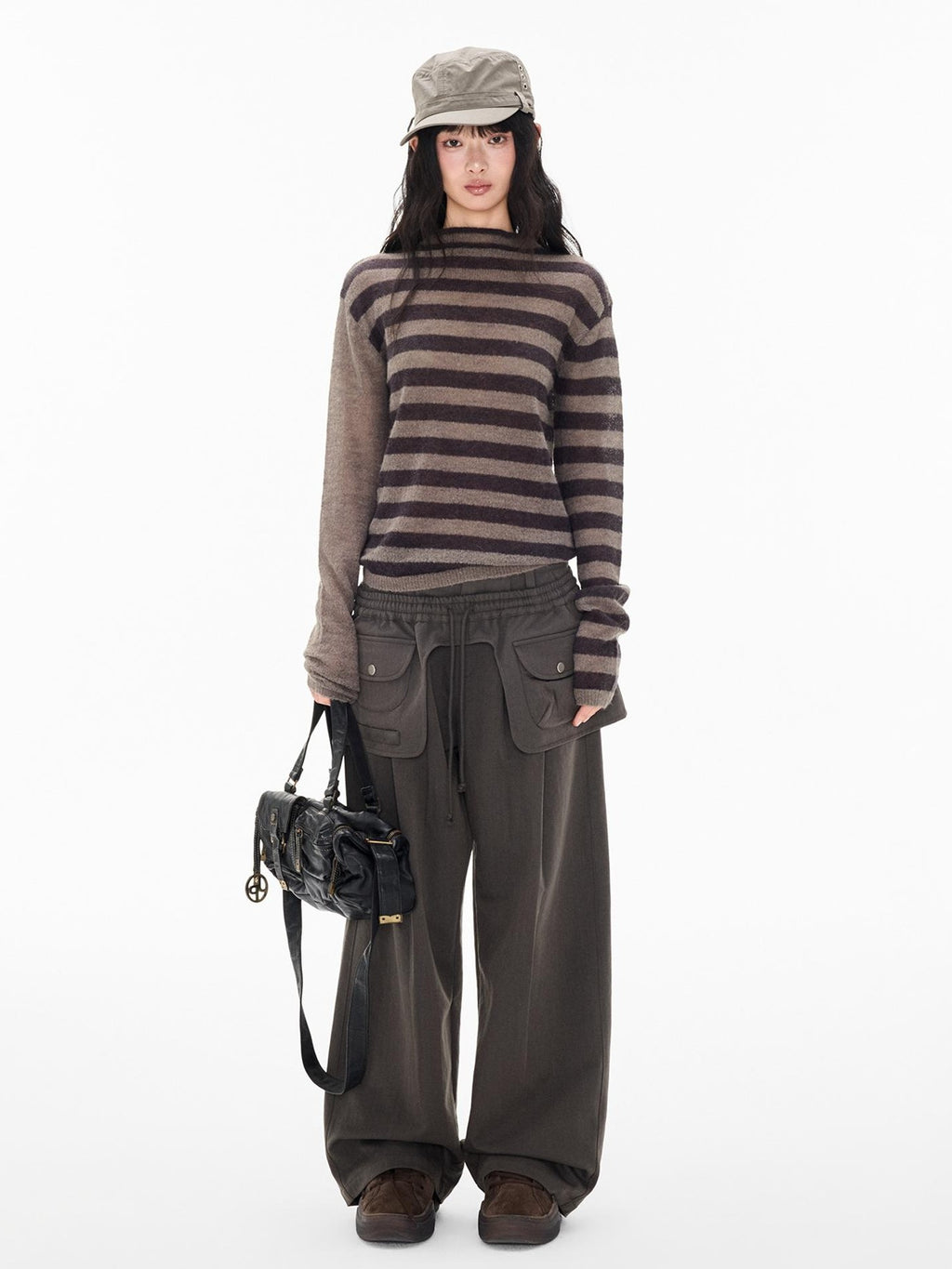 EZEK Striped Color Block Button Loose Wool Blend Women's Turtleneck Sweaters