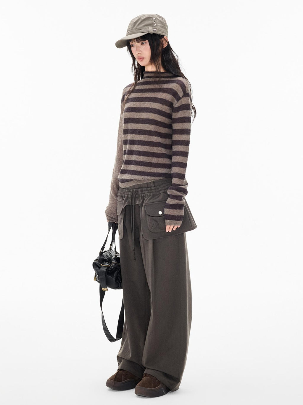 EZEK Striped Color Block Button Loose Wool Blend Women's Turtleneck Sweaters
