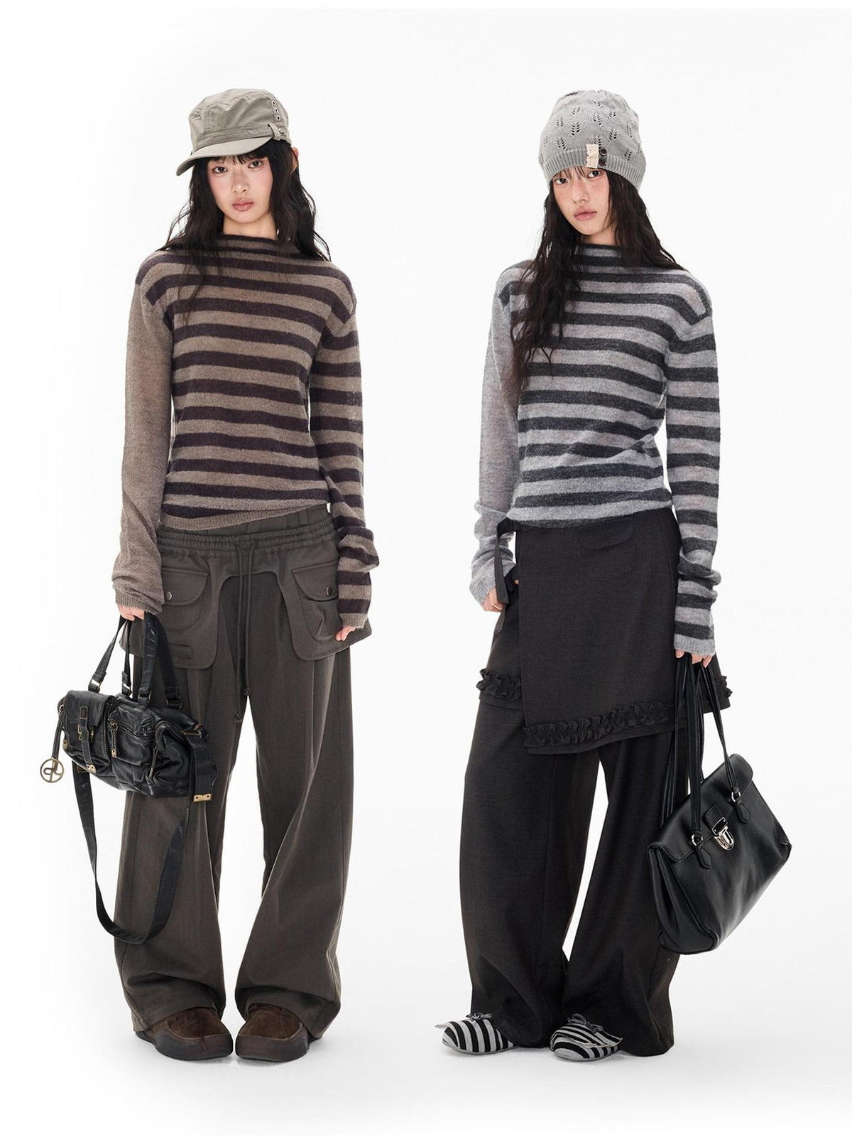 EZEK Striped Color Block Button Loose Wool Blend Women's Turtleneck Sweaters