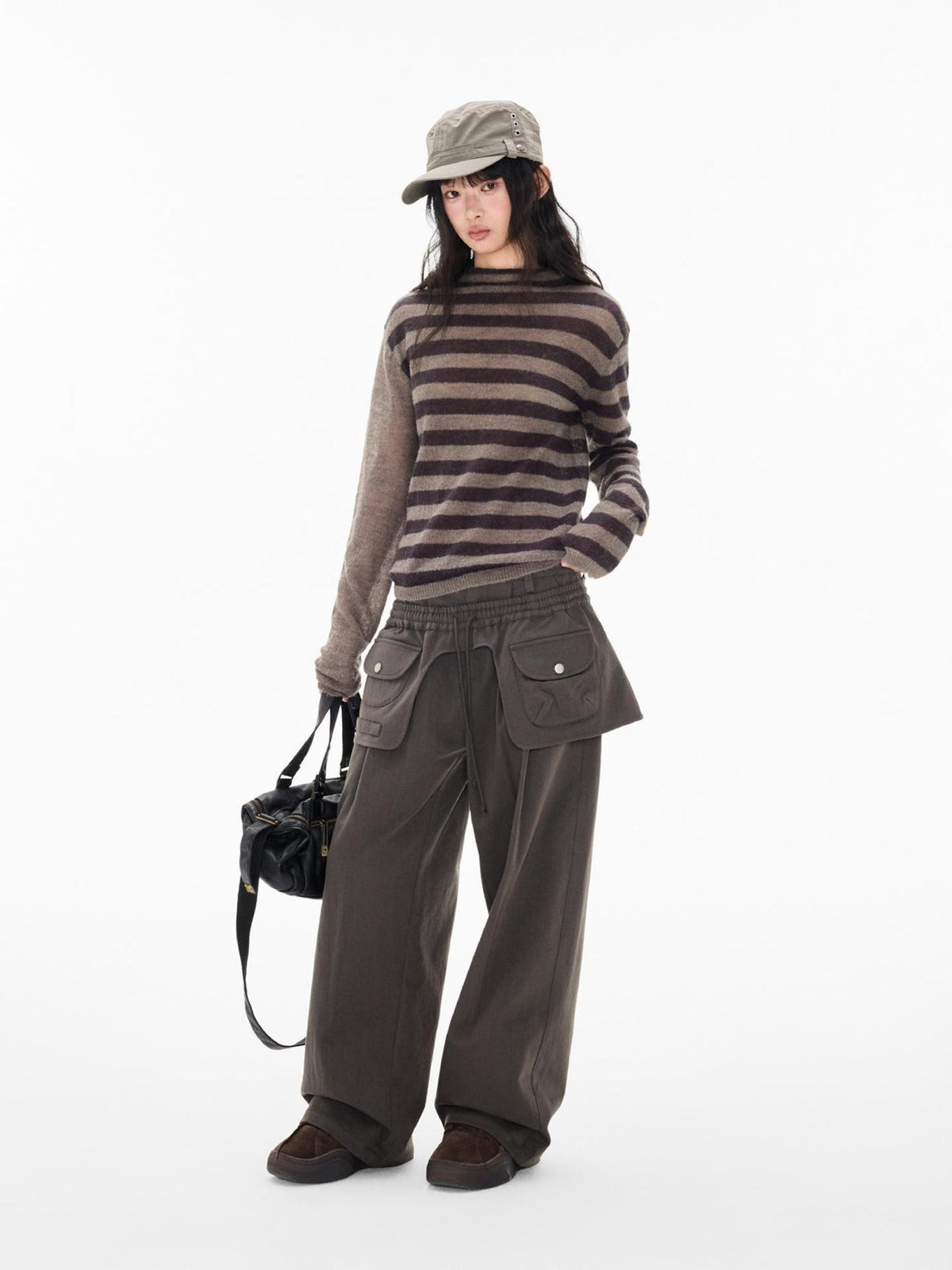EZEK Striped Color Block Button Loose Wool Blend Women's Turtleneck Sweaters