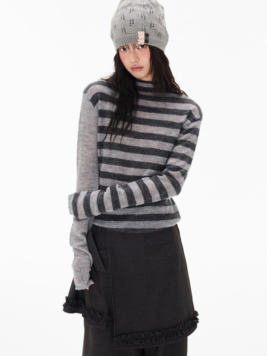 EZEK Striped Color Block Button Loose Wool Blend Women's Turtleneck Sweaters