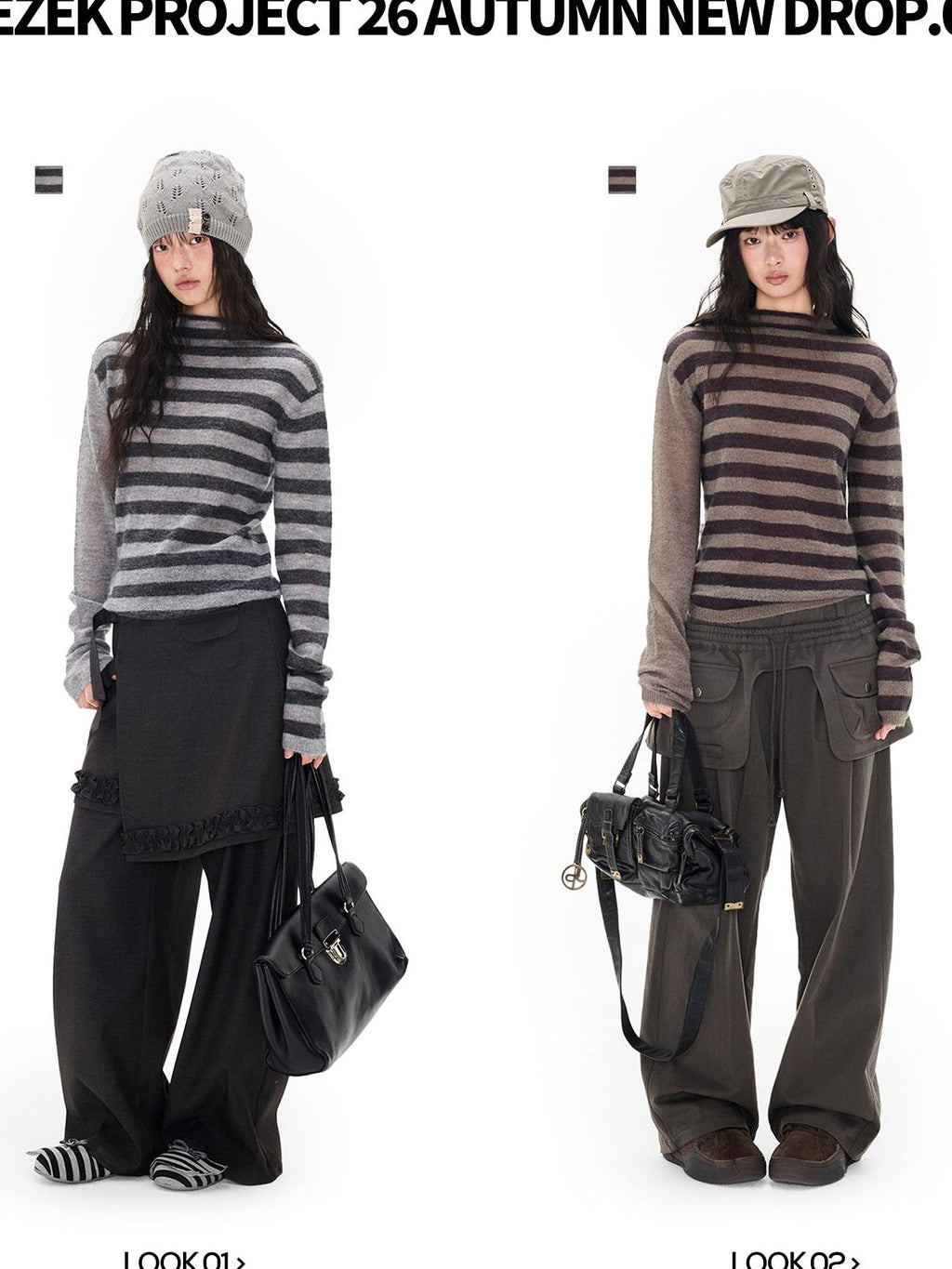 EZEK Striped Color Block Button Loose Wool Blend Women's Turtleneck Sweaters