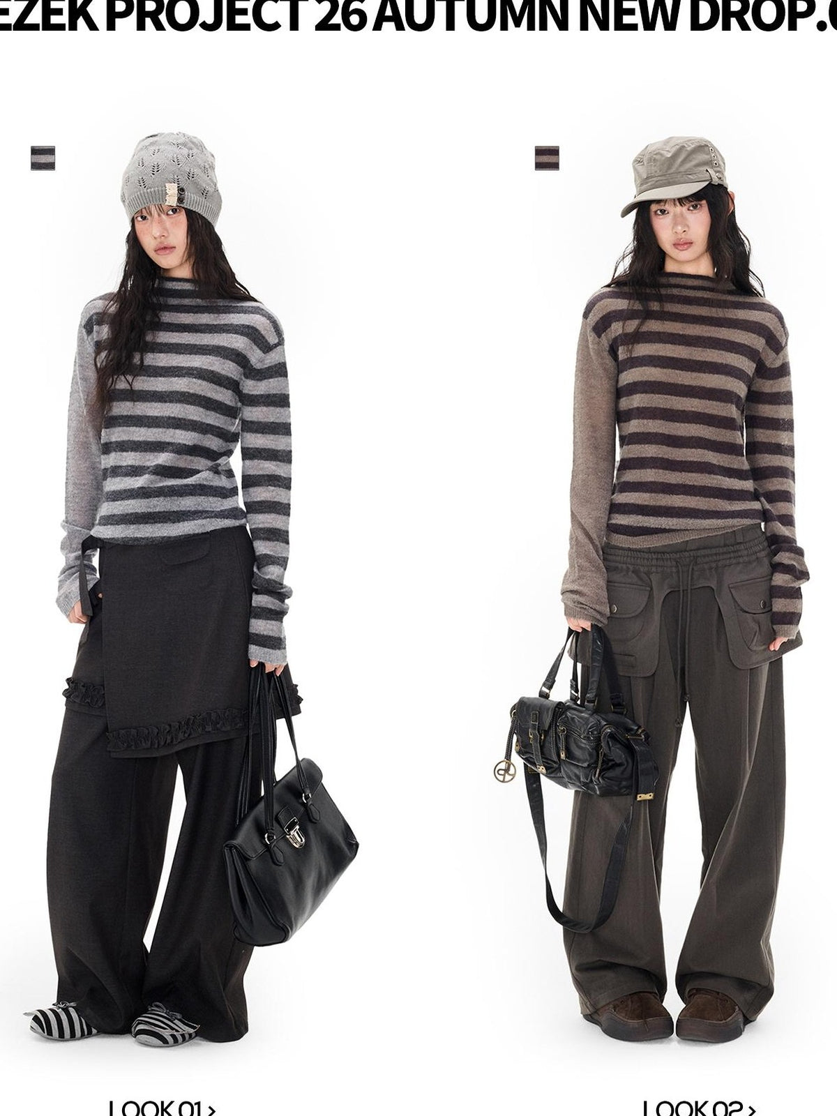 EZEK Striped Color Block Button Loose Wool Blend Women's Turtleneck Sweaters