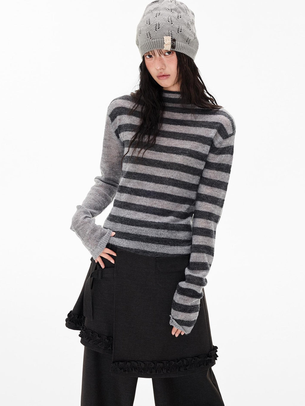 EZEK Striped Color Block Button Loose Wool Blend Women's Turtleneck Sweaters