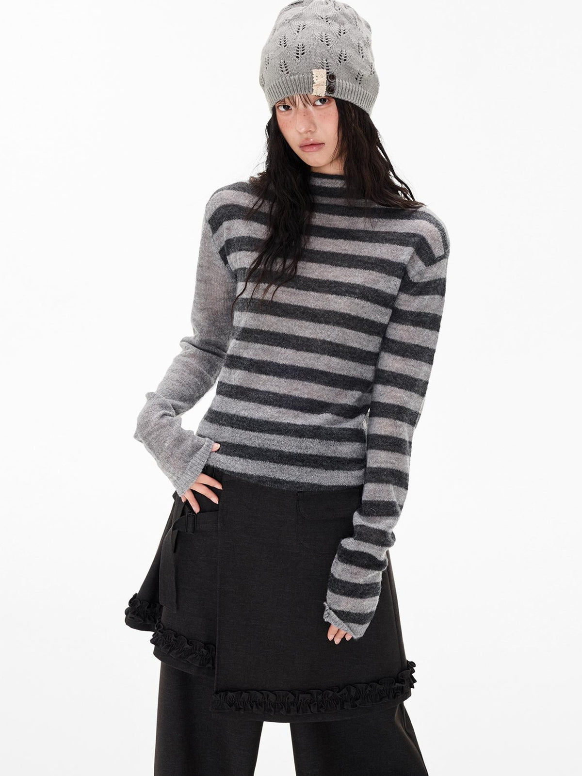 EZEK Striped Color Block Button Loose Wool Blend Women's Turtleneck Sweaters