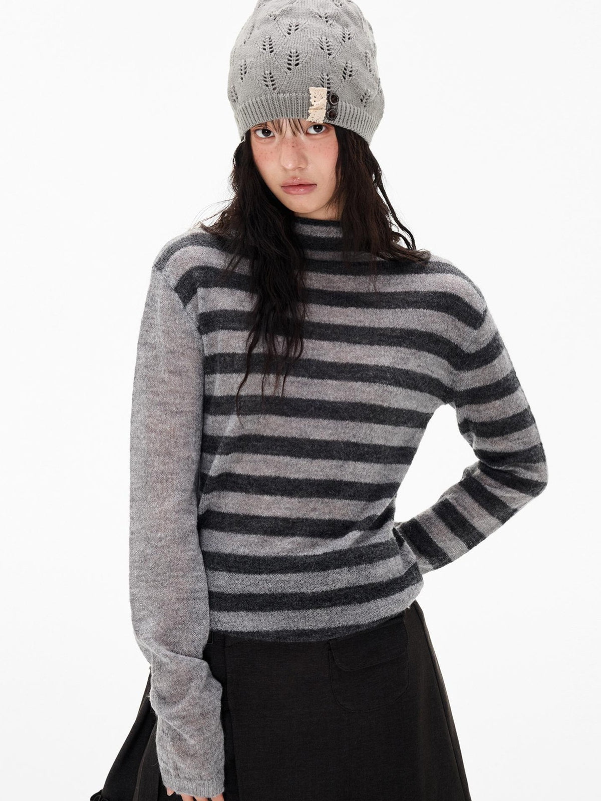 EZEK Striped Color Block Button Loose Wool Blend Women's Turtleneck Sweaters