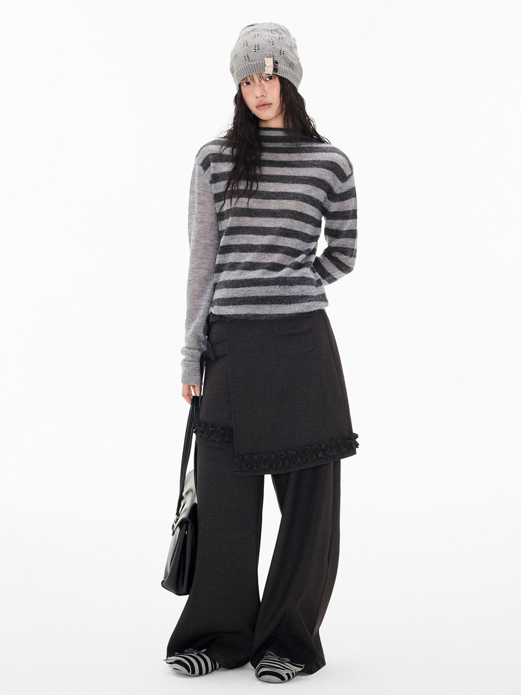 EZEK Striped Color Block Button Loose Wool Blend Women's Turtleneck Sweaters